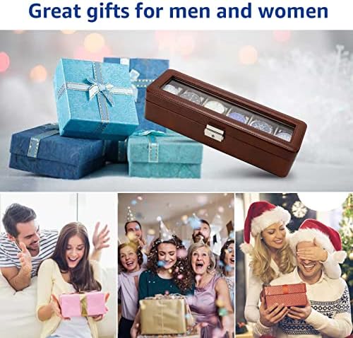 Watch Box for Men, 6 Slot PU Leather Watch Organizer with Glass Lid and Lock, Display Storage Case for Watches, Bracelets & Jewelry, Brown Gift Case Brown - Image 6