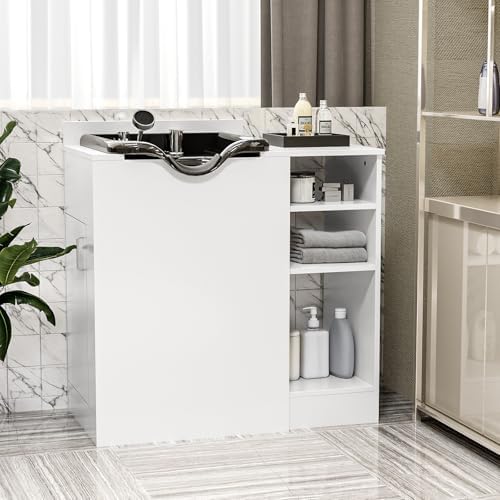 OmySalon Shampoo Bowl with Cabinet, Portable Salon Hair Washing Station with Adjustable Shelf, UPC Certified Faucet, Freestanding Backwash Sink for Barber, Beauty Salon, Spa, White - Image 2