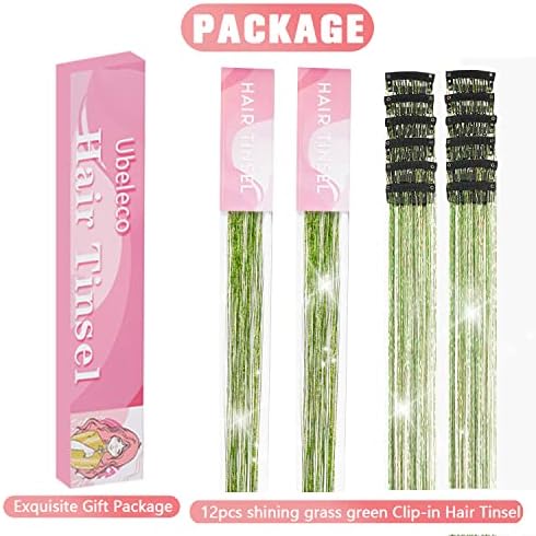 Ubeleco Hair Tinsel Packs of 12Pcs Clip in Hair Tinsel Kit 20.5 Inch Fairy Hair Tinsel Kit for Christmas New Year Tinsel Hair Extensions for Women Girls (12Pcs, Grass Green) - Image 5