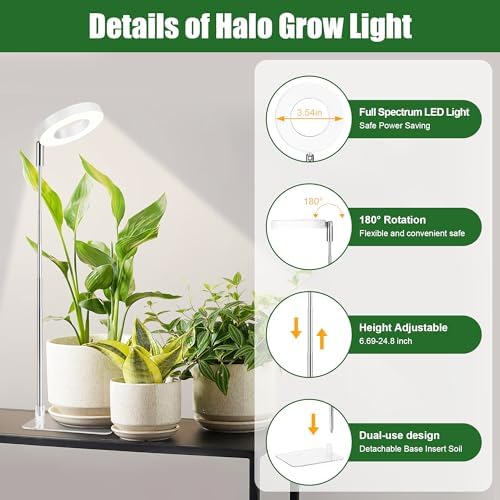 3.54" White Grow Light, Full Spectrum Plant Lights for Indoor Growing with 3/9/12H Timer, 3 Color Modes, 10 Brightness, 6.6"-24.8" Height Adjustable, Small Halo Grow Light with Base, 2 Pack - Image 2