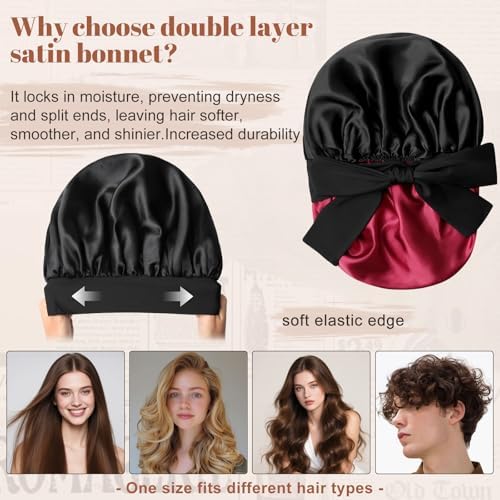 CHLINS Double Layer Satin Bonnet for Sleeping, Hair Bonnet for Curly Hair - Image 3