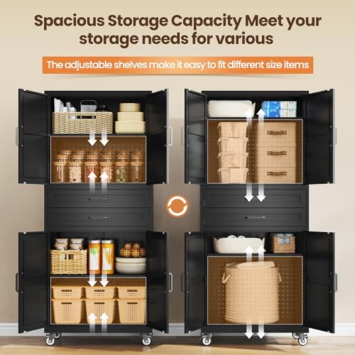 Yizosh 73" Black Mobile Metal Kitchen Pantry Storage Cabinet with 2 Drawers - Image 5