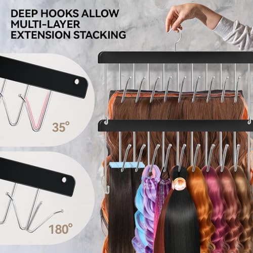 2 Pack Hair Extension Holder & Hanger – Braiding Rack Stackable Hair Extension Storage Rack for Styling, Rotatable Wig Organizer Stand for Wigs, Hairpieces, Clip/Tape Ins and Accessories - Image 4