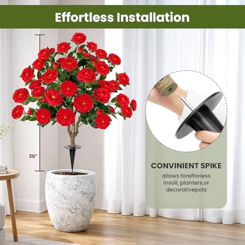 3FT Artificial Camellia Tree with Ground Spike, Full Bloom Fake Camellia Plant Outdoor, Dense Flower Artificial Trees for Front Porch Decor, Patio Garden Yard Decorations,Red,2 Pack - Image 3