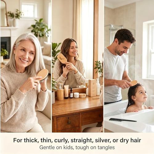Boar Bristle Hair Brush and Comb Set for Women Men Kids, Best Natural Wooden Paddle Hairbrush and Small Travel Styling Brush for Wet or Dry Hair Detangling Smoothing Massaging - Image 3