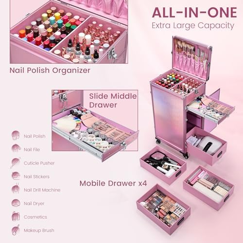 Joligrace Rolling Manicure Table 5 Drawers Makeup Case Foldable Nail Desk - Image 3