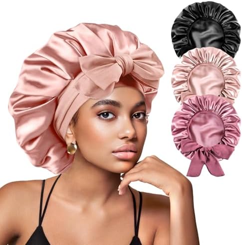 Yanideer 3 pcs Adjustable Satin Bonnets for Sleeping Double Layer Satin Lined Hair Bonnet with Tie Band for Women Curly Hair by Yanideer