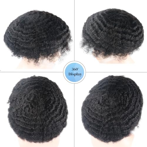 Mens Afro Curly Toupee 10MM Weave Hair Unit for Black Mans Human Hair Wigs PU 1B# Off Black Mens Hairpiece 8x10inch Kinky Curly 360 Wave Patch Units for African American - Image 5