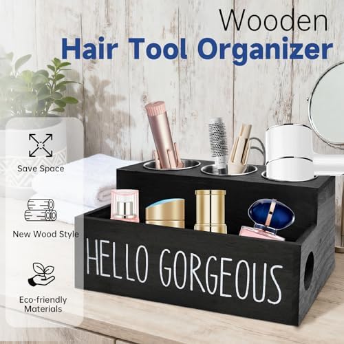 Wooden Hair Tool Organizer, Hair Dryer Holder with 3 Steel Cups for Flat Irons, Curling Irons, Blow Dryer, Hot Tools Organizer for Hair Styling Accessories for Bathroom or Cabinet Storage (Black) - Image 2