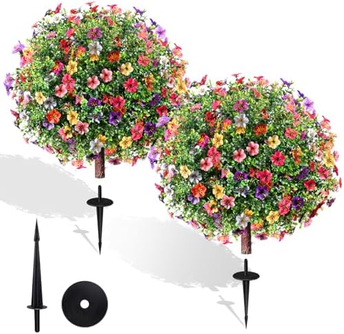 27.5" Artificial Flowers Boxwood Topiary Ball Tree Set of 2, UV Resistant Fake Bushes Shrubs with Ground Spike, Faux Evergreen Tree for Front Porch Outdoor Garden Decor by Unknown