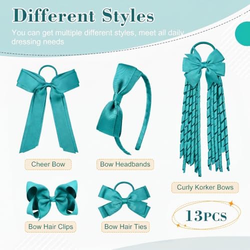 DEEKA Teal School Hair Accessories Set 13 Pcs Uniform Bow Headband Clips Hair Ties Curly Korker Bows for Little Toddler School Girls (Teal) - Image 2