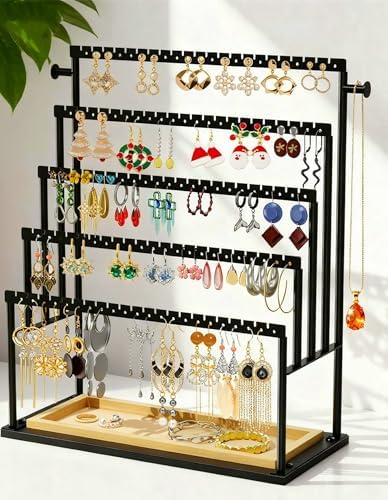 Earring Holder Organizer, 5-Tier Jewelry Display Stand with Matte Black Metal Frame and Wooden Tray, Large Earring Holder for Studs, Hoops, Dangles, Modern Jewelry Organizer for Women - Image 7