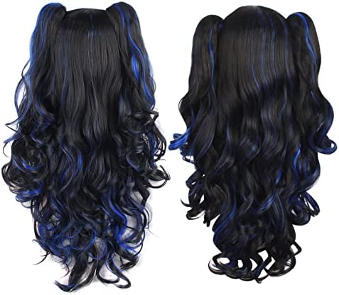 MapofBeauty Lolita Long Curly Clip on Ponytails Cosplay Wig, Black/Blue - Image 4