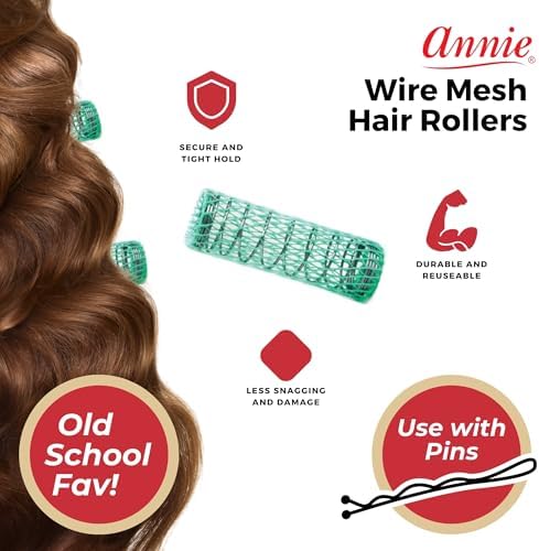 Annie Wire Mesh Rollers – Medium 7/8 Inch Hair Curlers for Defined Curls & Waves, Heatless Styling Tools for All Hair Types – 12 Count (Green) - Image 2