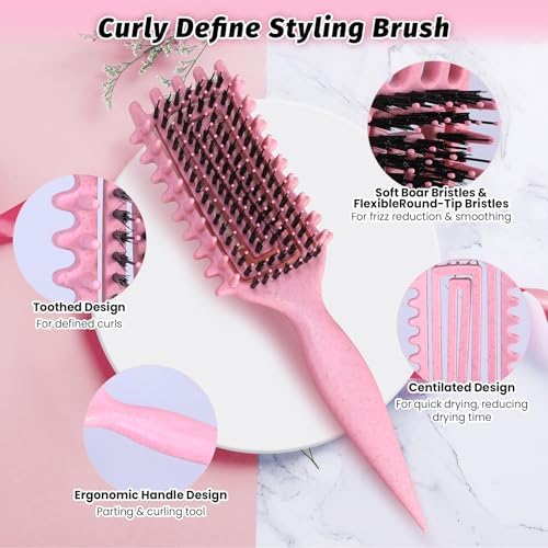 Curly Hair Brush Pink, Vented Curl Defining Brush for Effortlessly Detangling Shaping and Styling Women's Men's Curls on All Wet or Dry Hair Types, Reduces Frizz - Image 2
