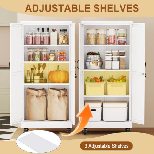 61" Metal Garage Storage Locker Cabinet with Wheels,Rolling White Lockable Tool Cabinet with 2 Doors and 3 Adjustable Shelves, Steel File Cabinet for Home Office Warehouse Gym - Image 5