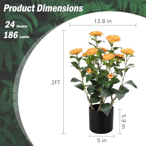 Romantic Season 2FT Orange Artificial Camellia Tree 2Pack, Faux Camellia Plant Fake Potted Camellia Flower Tree for Modern Home Office Living Room Floor Décor - Image 3