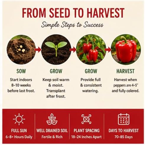 Big Red Bell Pepper Seeds (Capsicum annuum) – 50+ Non-GMO Heirloom Seeds by Isla’s Garden Seeds, Sweet & Crisp Large Peppers, High-Yield Warm-Season Variety for Garden Beds or Containers, Garden Gift - Image 4