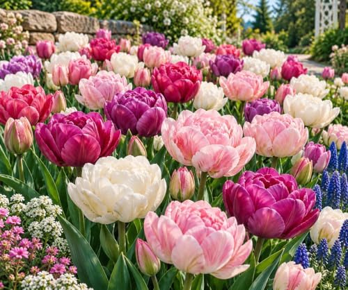 50 Romantic Double Tulip Mix Bulbs – Pink Purple Cream for Large Beds by CZGrain