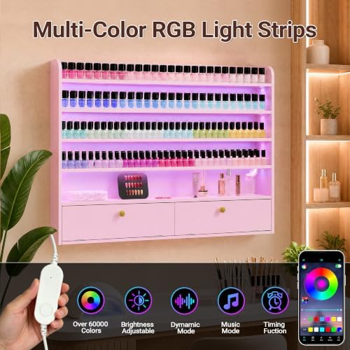 Wood Nail Polish Rack with Cabinet, 5-Tier Nail Polish Display Shelf, Pink - Image 3