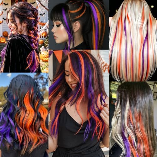 Colored Hair Extensions Clip in Purple and Orange Hairpiece 14 PCS - Image 6