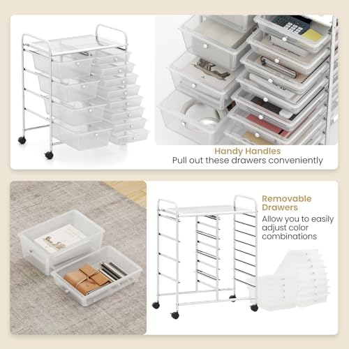 Giantex 12 Drawer Rolling Cart with Drawers, Storage Organizer Cart for Classroom Office School Teacher, Mobile Drawer Cart for Tools, Crafts, Small Printer, Clear - Image 5