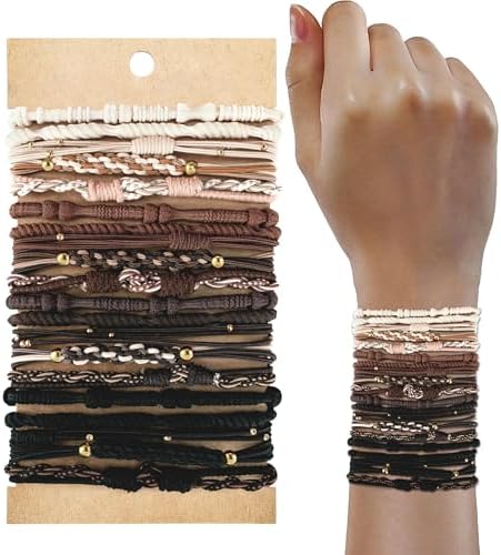 KANPRINCESS 20 PCS Boho Ponytail Holders - 4 Neutral Colors, 5 Styles Hair Bands & Bracelets for Women's Thick or Thin Hair, No Damage by KANPRINCESS