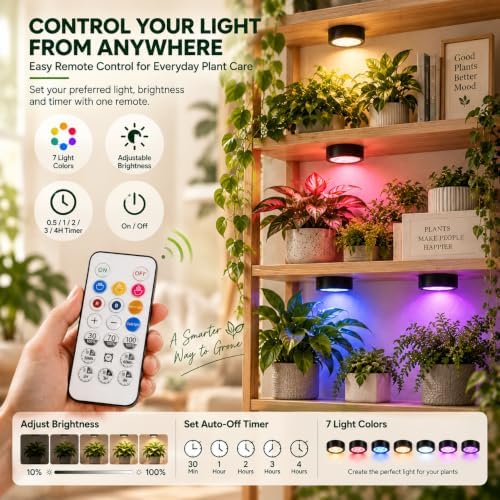 Rechargeable Grow Lights for Indoor Plants, 4000mAh Full Spectrum Wireless Magnetic Puck Grow Lights with Remote Control, Timer, Stepless Dimming and Type-C Charging for Plant Shelf (3, Pack) - Image 3