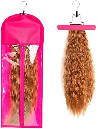 1 Pack Extra Long Hair Extension Holder Wig Storage Bag with Hanger Hairpieces Ponytail Bundles Storage Carrier Case for Store Style Hair Travel Hair Extensions Bag Pink Color by RJMBMUP