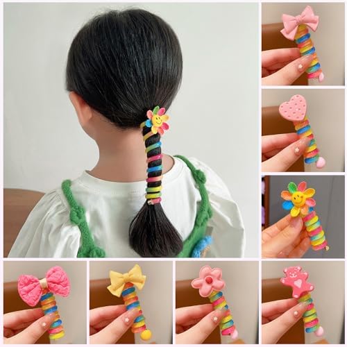 YONOY Colorful Telephone Wire Hair Bands for Kids, 7 Pcs Bowknot Braided Spiral Hair Ties, Ponytail Cord Hair Ties for Girls, No Damage Hair Elastics - Image 2