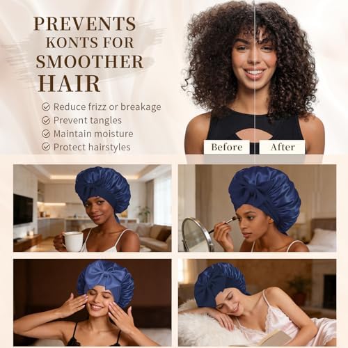 Silk Bonnet Satin Bonnet for Sleeping Large Bonnets with Tie Band Hair Wrap with Adjustable Straps Hair Cap for Women Curly Hair Blue - Image 6