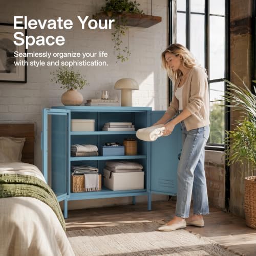 29.5" Wide Blue Metal Storage Cabinet with Lock and Ventilated Doors, 2 Adjustable Shelves, Heavy Duty Home Metal Accent Locker for Kitchen Office Living Room Hallway - Image 7