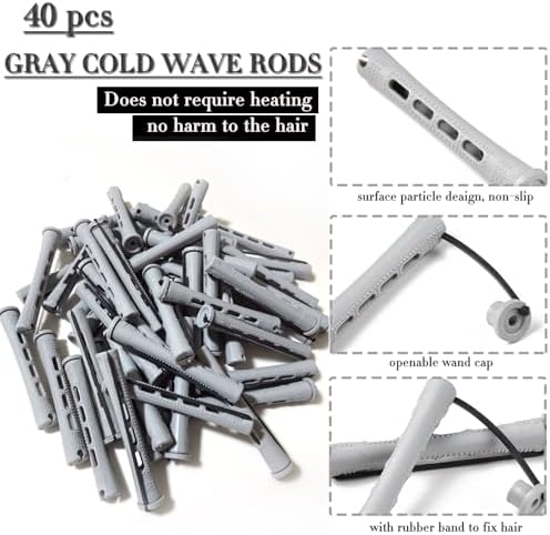 Perm Rods Set for Short Natural Hair 40pcs Gray Plastic Cold Wave Rods Hair Curling Rollers with Steel Pintail Comb Rat Tail DIY Hairdressing Tools（40pcs Gray） - Image 4