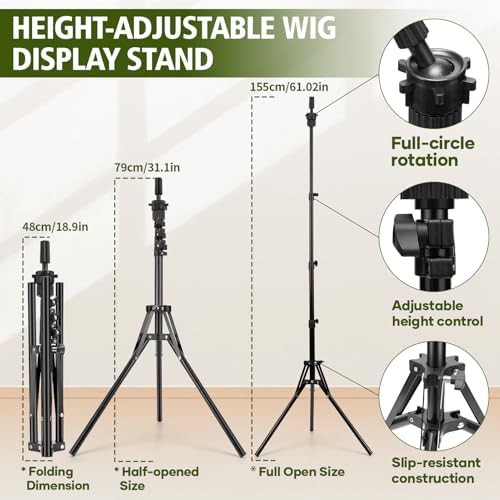 Wig Stand Tripod Metal Adjustable Mannequin Head Stand - Mannequin Wig Head with Mount Hole, Manikin Head for Wigs Making, Drying, Styling and Display - Wigs Shampoo & Milk Spray T Pins Hair Cap Set - Image 2