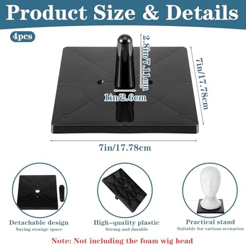 4 Pack Plastic Wig Head Stands Non-Topple Square Base – 7"x7"x3.3" Mannequin Holder for Tabletop Display, Styling, Cosmetology Manikin, Hats, Wigs, Hairpieces & Masks (Black) - Image 2