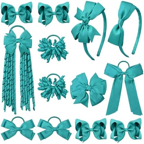 DEEKA Teal School Hair Accessories Set 13 Pcs Uniform Bow Headband Clips Hair Ties Curly Korker Bows for Little Toddler School Girls (Teal) by DEEKA