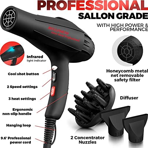 Professional Ionic Curly Hair Dryer with Diffuser, Black - Image 4