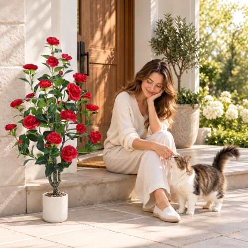 UPBUD Artificial Camellia Tree 2 Pack, 43.3" Tall Fake Camellia Plant - Image 6