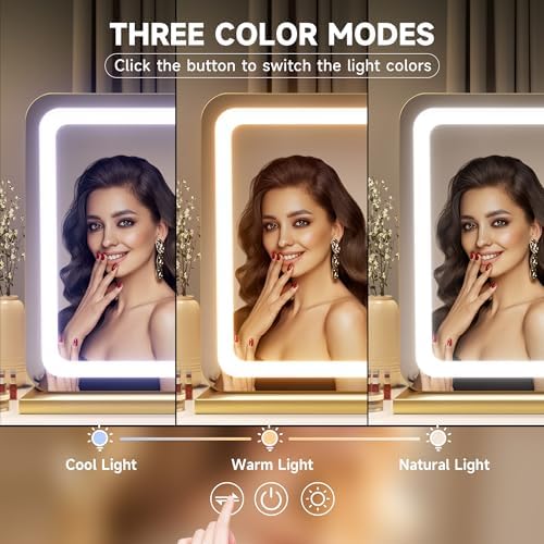 Hasipu Vanity Mirror with Lights, 31.5" x 20" LED Makeup Mirror, Lighted Makeup Mirror with Dimmable 3 Modes, Touch Screen Control Vanity Mirror Round Gold - Image 3