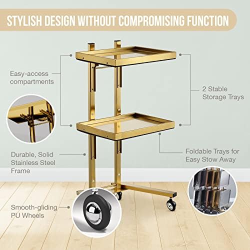 Multifunctional 2-Tray Utility Cart on Wheels - Gold 2-Level Medical Trolley Cart - Mobile Storage Tray Cart for Dental Tools, Cavitation Machine, Salon Supplies - Brass Foldable Storage Trays - Image 4