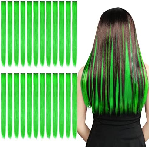 Kyerivs 24PCS Green Accessories Colored Clip in Hair Extensions for Girls 20Inch Rainbow Straight Synthetic Hairpieces for Girls Party Highlights Colorful Hair Halloween Gifts for Women Easter Gifts by Kyerivs