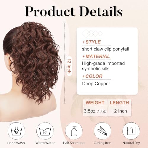 Flufymooz Ponytail Extension, 12" Short Claw Ponytail Extension Wavy Curly Jaw Clip in Pony tails Hair Extension Natural Synthetic Hairpiece for Women(Deep copper) - Image 3