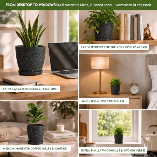 Plant Pots Indoor with Drainage 10 Pack Multi-Size Planters Spotty Black - Image 3