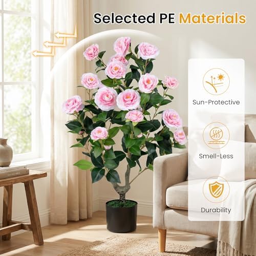 Goplus 35.5’’ Artificial Camellia Tree, Flower Plants Artificial Tree - Image 4