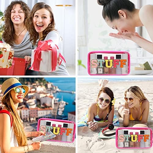 Iqimott Clear Patch Makeup Bag Stuff Pouch, Preppy Personalized Chenille Letter Cosmetic Pouch for Travel, Nylon Waterproof Travel Essentials Zipper Toiletry Bags for Women Girls(STUFF, RoseRed) - Image 6