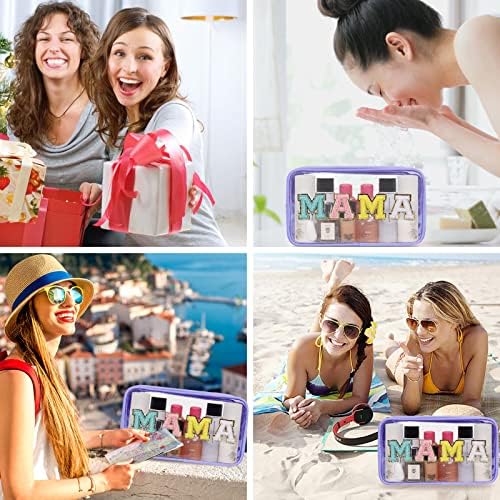 Iqimott Clear Patch Makeup Bag Mama Pouch, Preppy Personalized Chenille Letter Cosmetic Pouch for Travel, Nylon Waterproof Travel Essentials Zipper Toiletry Bags for Women Girls(MAMA, Purple) - Image 6