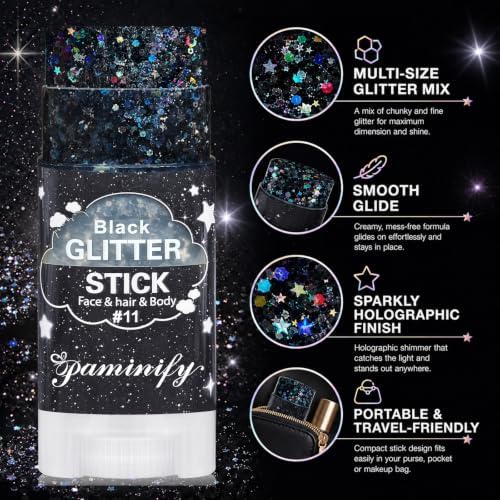 Black Face Glitter Stick,Halloween Black Holographic Body Hair Glitter,Waterproof Singer Concert Outfits for Women, Chunky Glitter Makeup Sequins Body Paint for Parties,Festival - Image 2