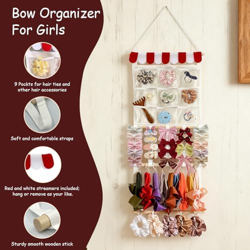 Headband Holder Bows Organizer for Girls | High Capacity Wall Mounted Hair Accessories Organizer Holder for Hair Bows & Clips | Girls Room Wall Decor (Red) - Image 3