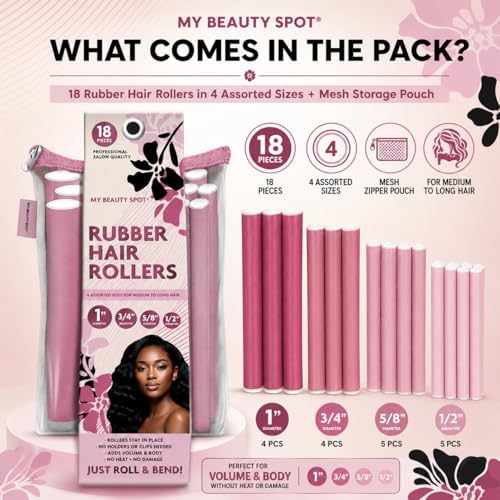 My Beauty Spot Flexi Rods Foam Hair Rollers 3/4" 5/8" and 1" Diameter Professional Salon Quality 12 Pcs Rubber Hair Rollers for Long, Medium and Short Hair (Multi-Color) - Image 2