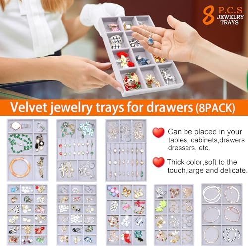 Set of 8 Stackable Jewelry Organizer X-Large Velvet Jewellry Trays Jewelryy Drawer Inserts, Earring Ring Brooch Necklace Bracelet Watch Display Plate with Removable Dividers - Image 2